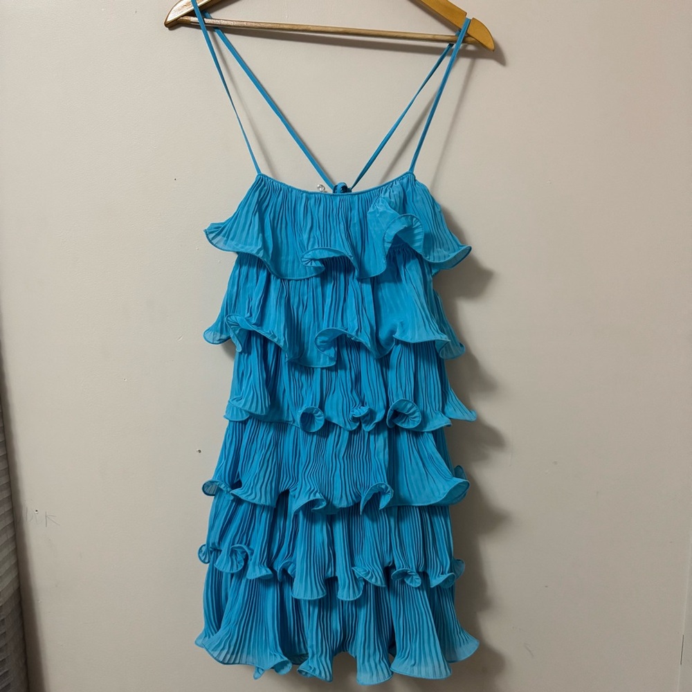 Mable (S) NWT AUSTYN blue ruffle tiered Bailey textured mini dress - Picture 4 of 7